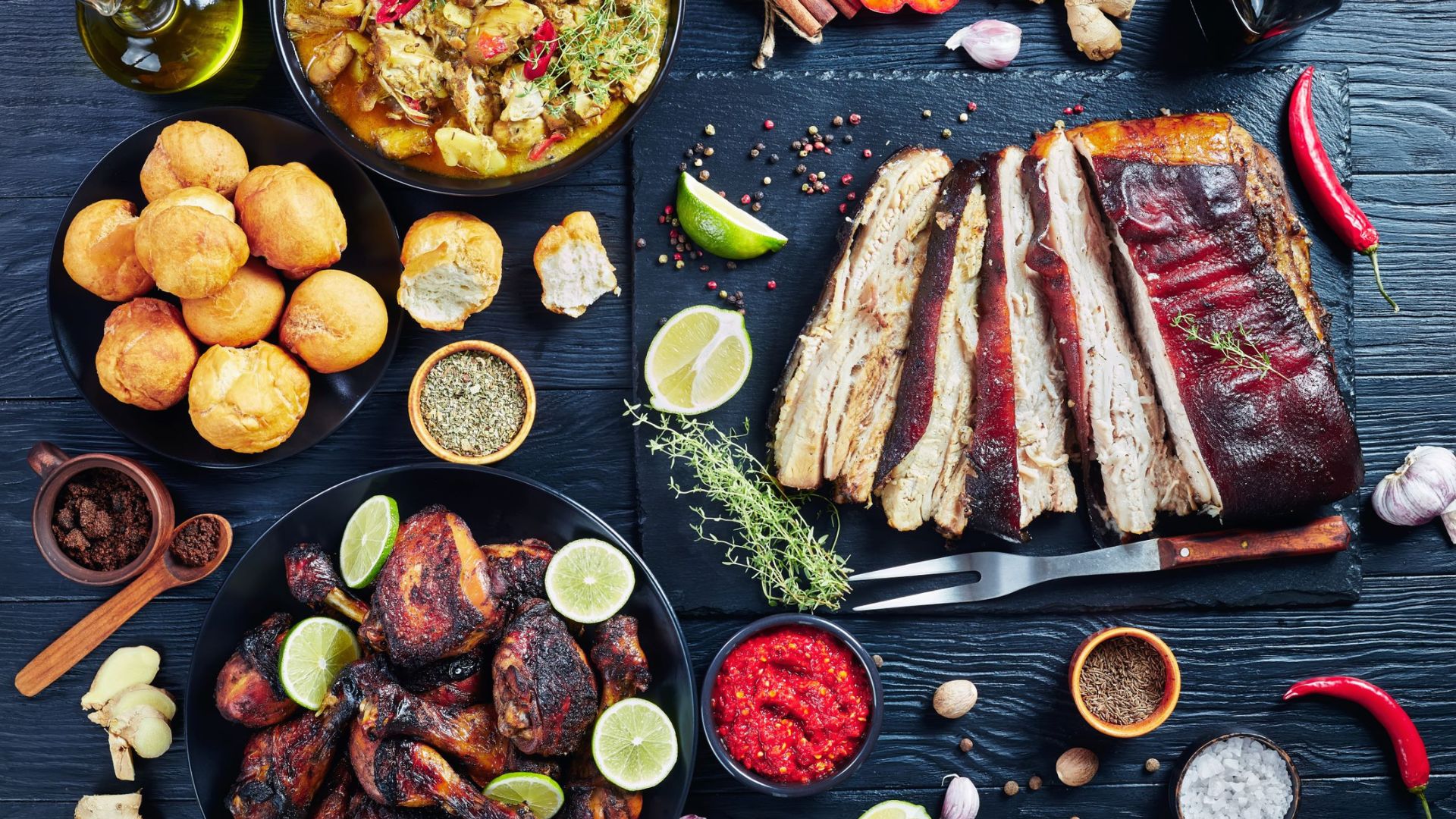 Table with assorted dishes and spices